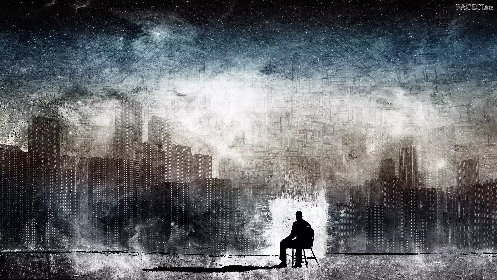 Mężczyzna, Miasto, Grafika, Domy